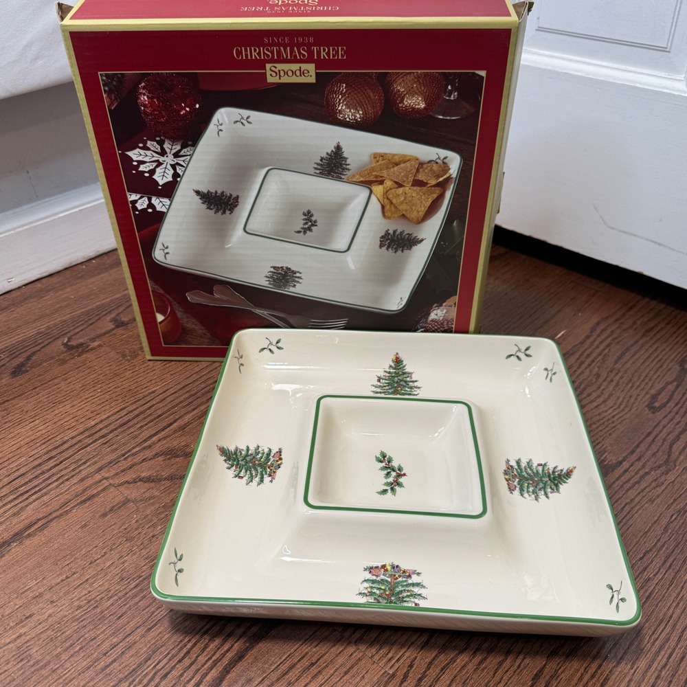Spode Christmas Tree Chip and Dip All In One Square Platter White Green 12.5in